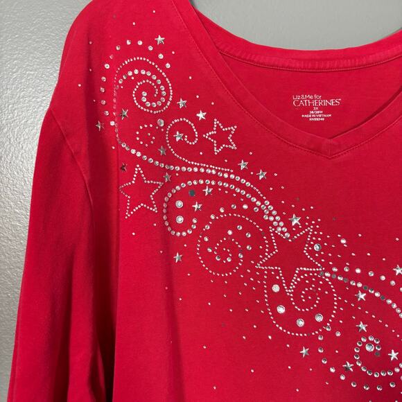 Liz & Me Catherines Red Stars Rhinestone T-Shirt - 3X (26/28) - Womens Plus Size - Picture 4 of 8